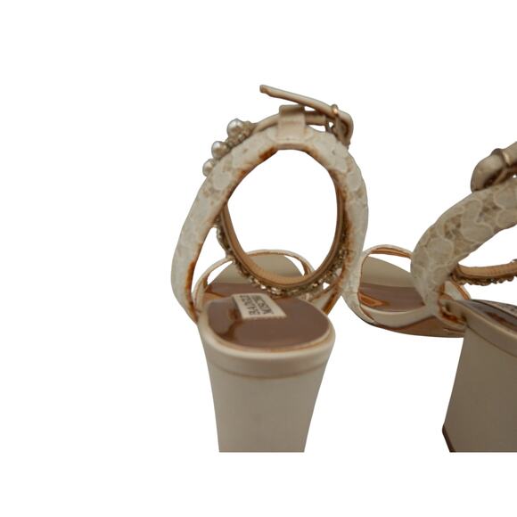 Badgley Mischka Koko Pearl & Rhinestone Lace Block Heel Bridal Sandals Ivory 6 - Picture 3 of 10